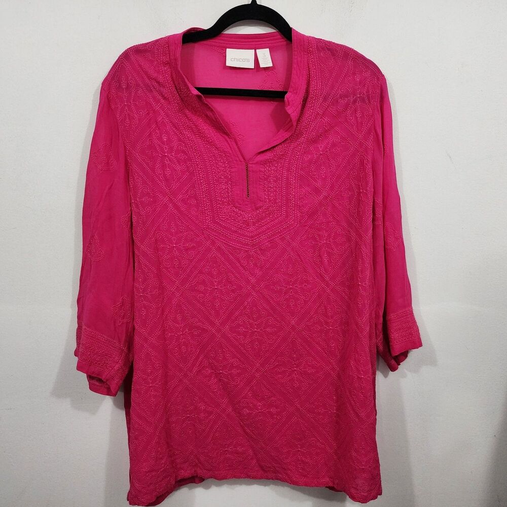 Chico's Pink V-Neck Viscose Lightweight Embroidered Sheer Tunic Top Plus 3 16 XL